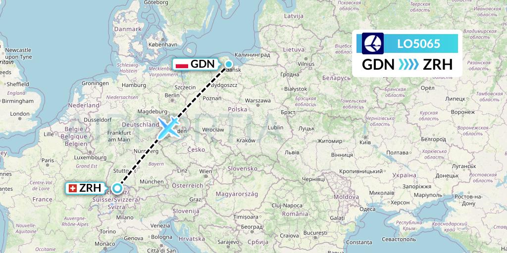 LO5065 LOT Flight Map: Gdansk to Zurich