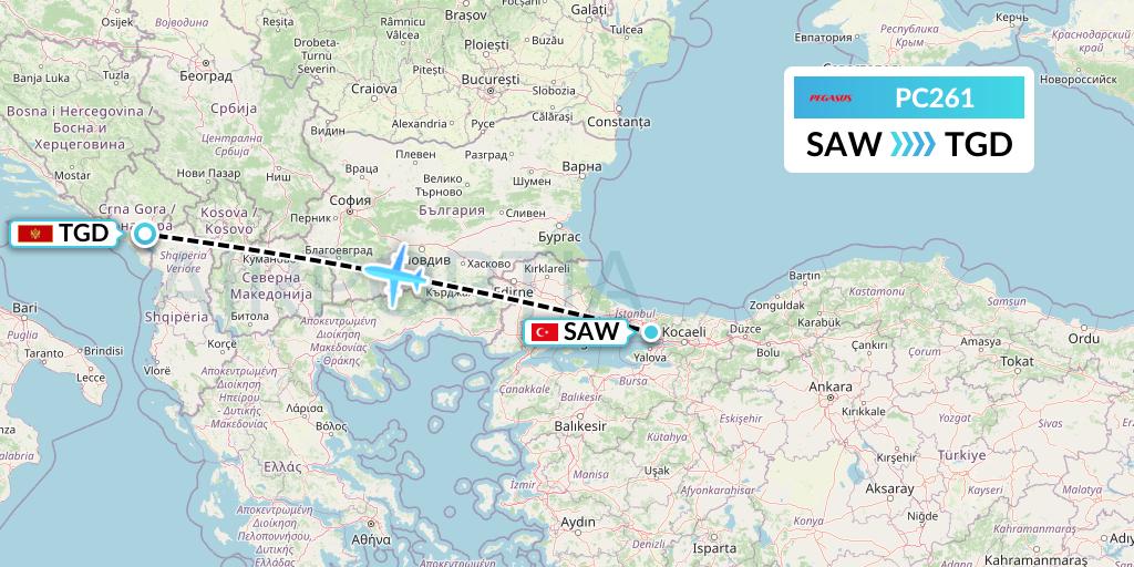 PC261 Pegasus Airlines Flight Map: Istanbul to Podgorica