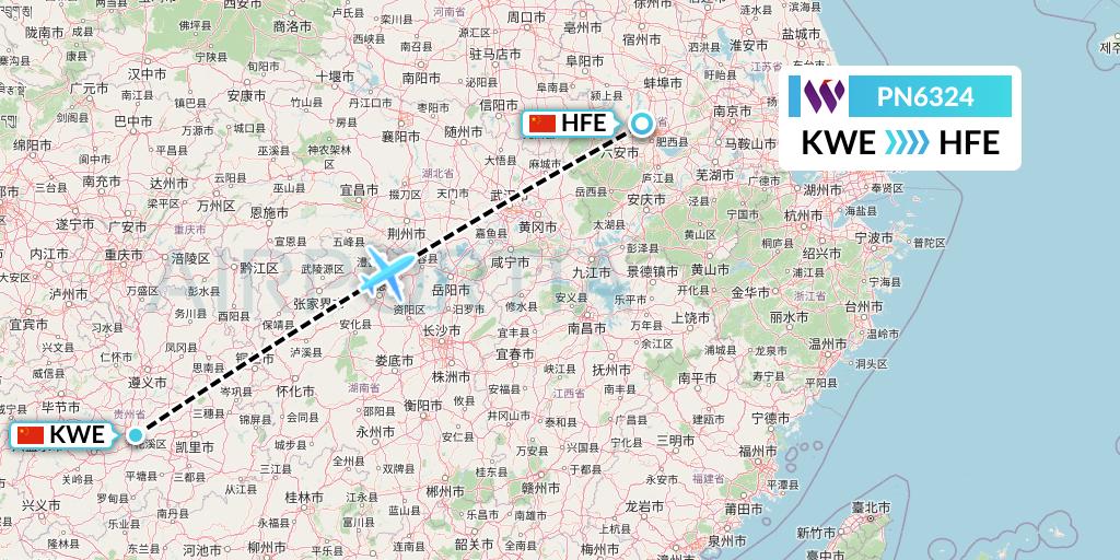 PN6324 China West Air Flight Map: Guiyang to Hefei