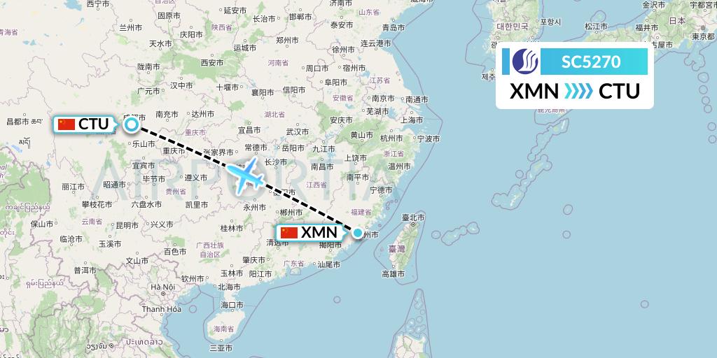 SC5270 Shandong Airlines Flight Map: Xiamen to Chengdu