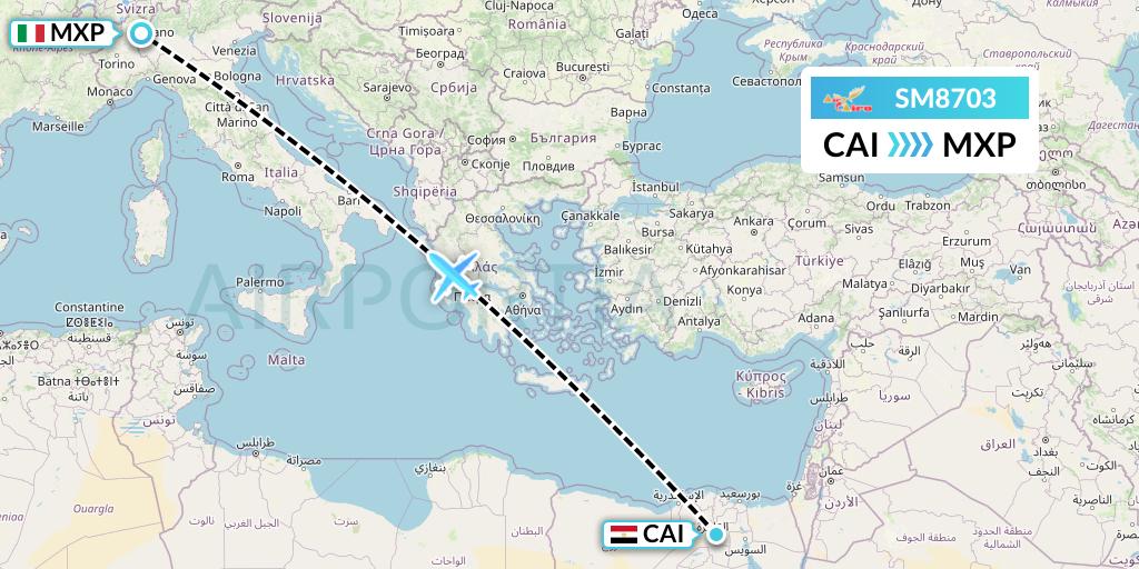 SM8703 Air Cairo Flight Map: Cairo to Milan