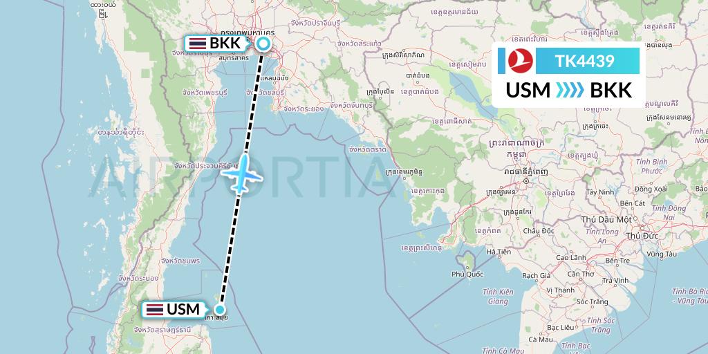 TK4439 Turkish Airlines Flight Map: Koh Samui to Bangkok