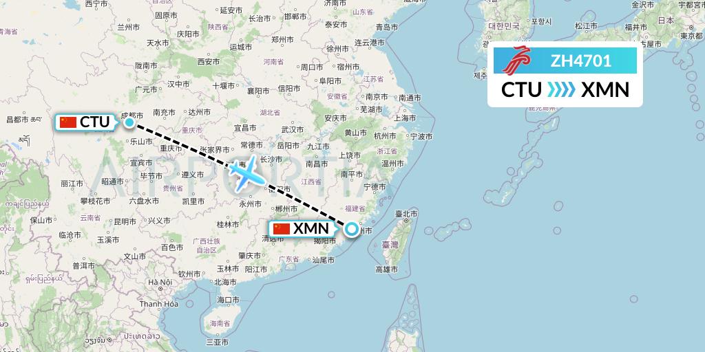 ZH4701 Shenzhen Airlines Flight Map: Chengdu to Xiamen
