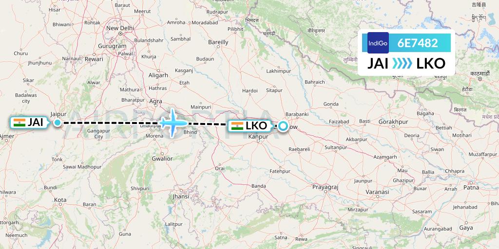 6E7482 IndiGo Airlines Flight Map: Jaipur to Lucknow
