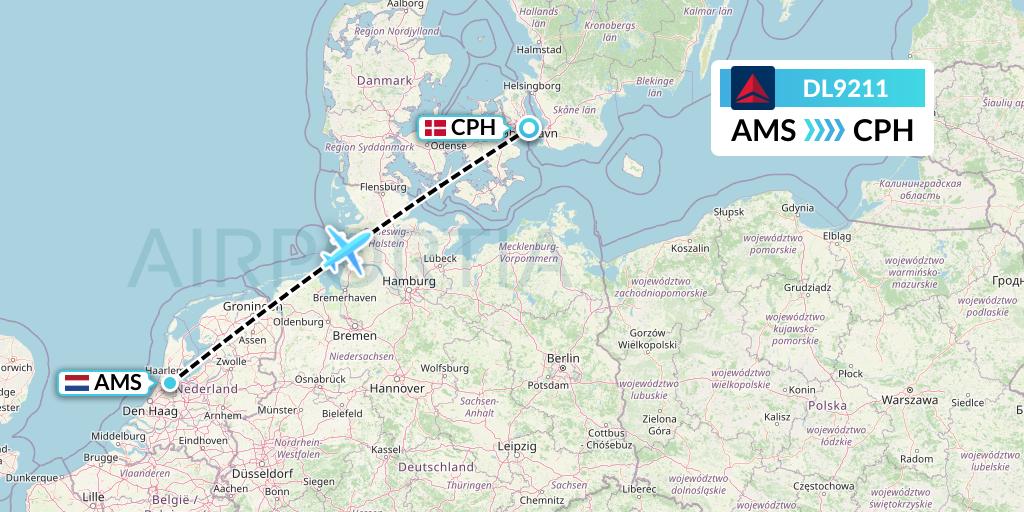 DL9211 Delta Air Lines Flight Map: Amsterdam to Copenhagen
