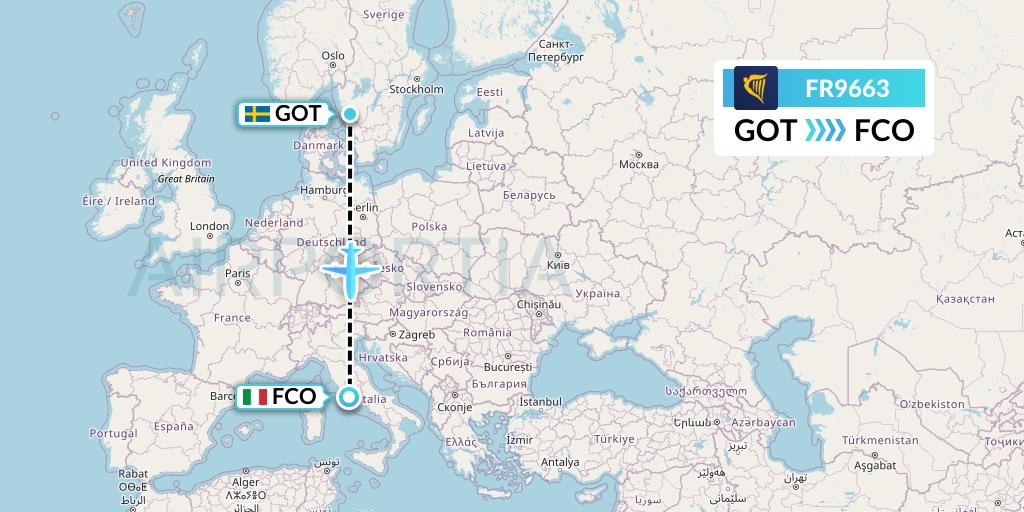 FR9663 Ryanair Flight Map: Gothenburg to Rome