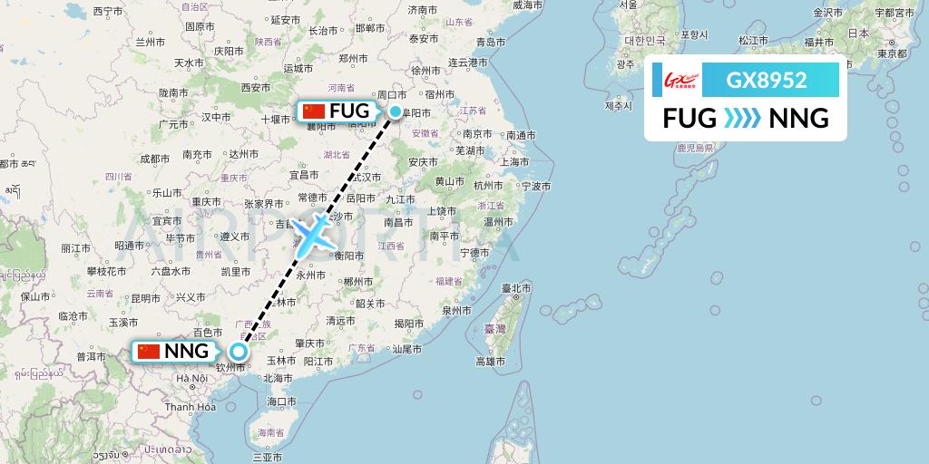 GX8952 GX Airlines Flight Map: Fuyang to Nanning