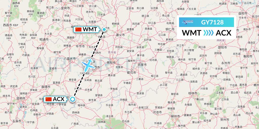 GY7128 Colorful GuiZhou Airlines Flight Map: Zunyi to Xingyi