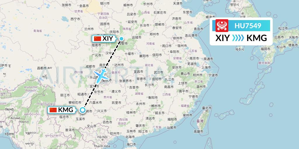 HU7549 Hainan Airlines Flight Map: Xi'an to Kunming