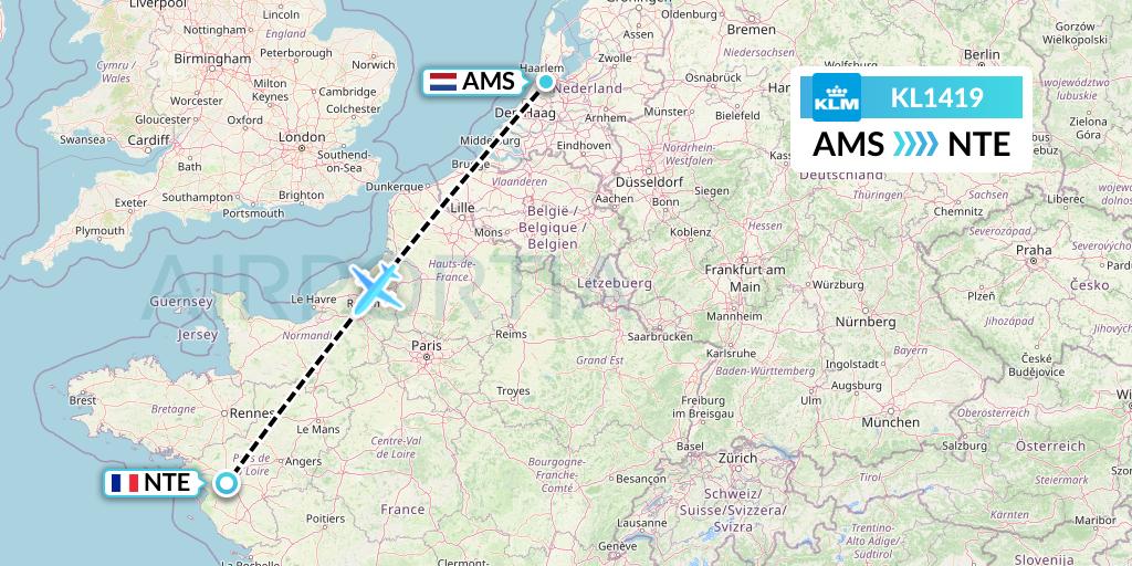 KL1419 KLM Flight Map: Amsterdam to Nantes