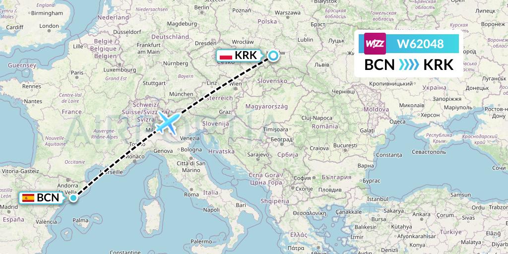 W62048 Wizz Air Flight Map: Barcelona to Krakow