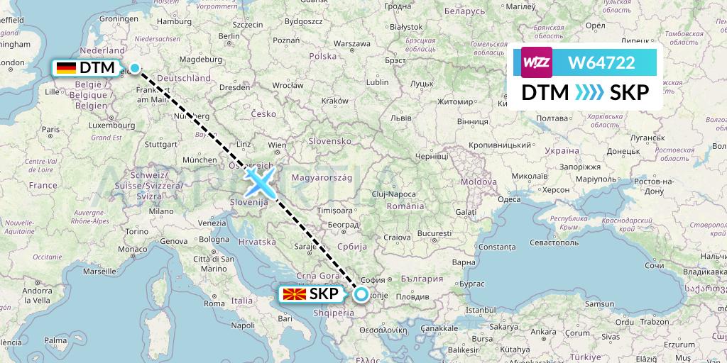 W64722 Wizz Air Flight Map: Dortmund to Skopje