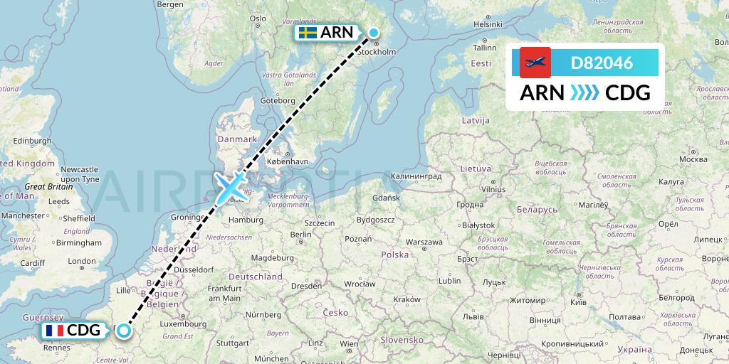 D82046 Norwegian Air International Flight Map: Stockholm to Paris