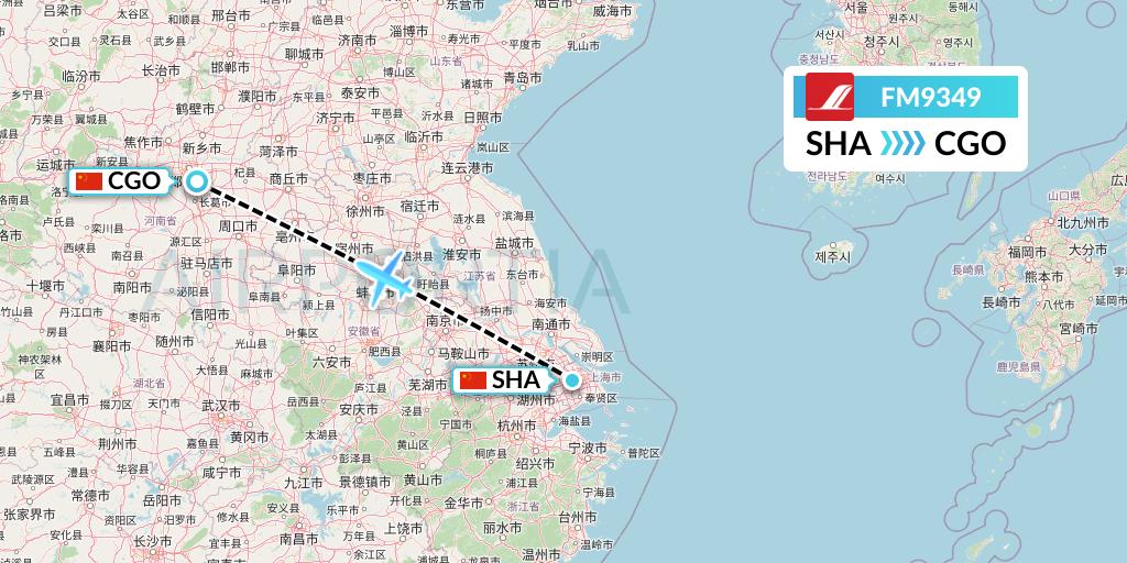 FM9349 Shanghai Airlines Flight Map: Shanghai to Zhengzhou