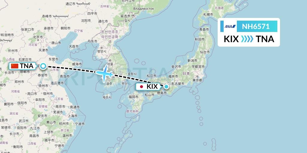 NH6571 All Nippon Airways Flight Map: Osaka to Jinan