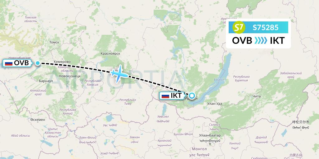 S75285 S7 Airlines Flight Map: Novosibirsk to Irkutsk