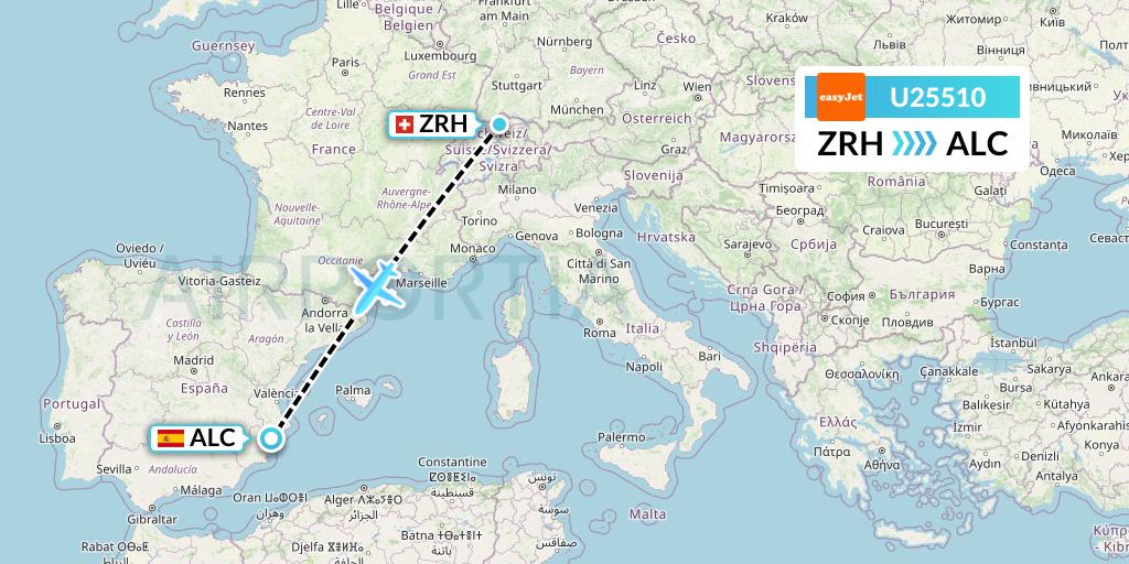 U25510 EasyJet Flight Map: Zurich to Alicante