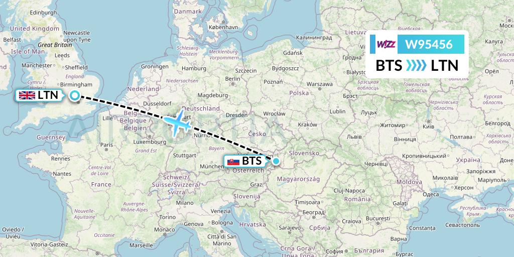 W95456 Wizz Air UK Flight Map: Bratislava to London