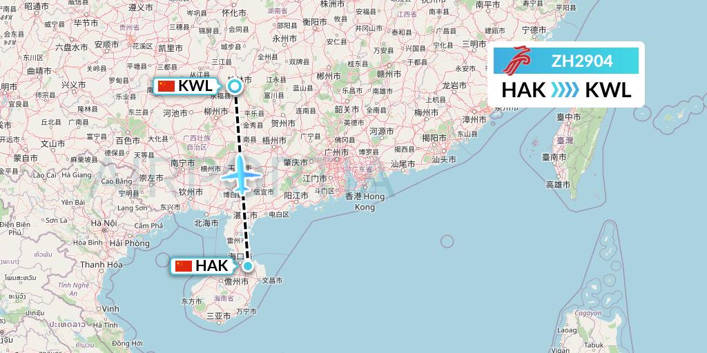 ZH2904 Shenzhen Airlines Flight Map: Haikou to Guilin
