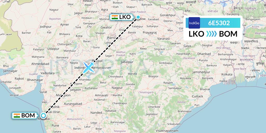 6E5302 IndiGo Airlines Flight Map: Lucknow to Mumbai