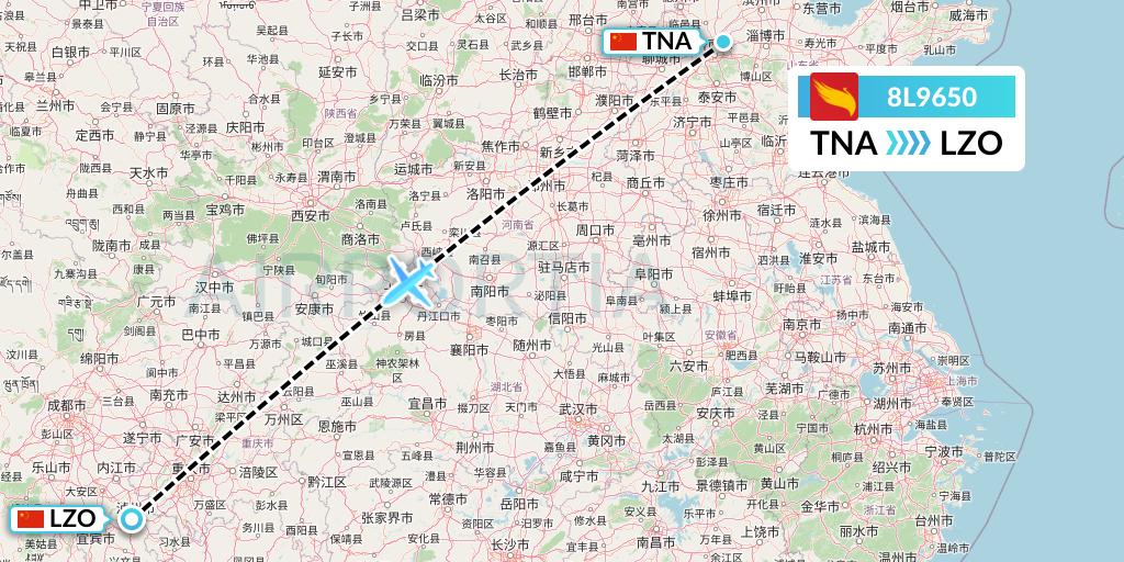 8L9650 Lucky Air Flight Map: Jinan to Luzhou