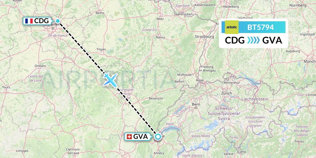 BT5794 Air Baltic Flight Map: Paris to Geneva