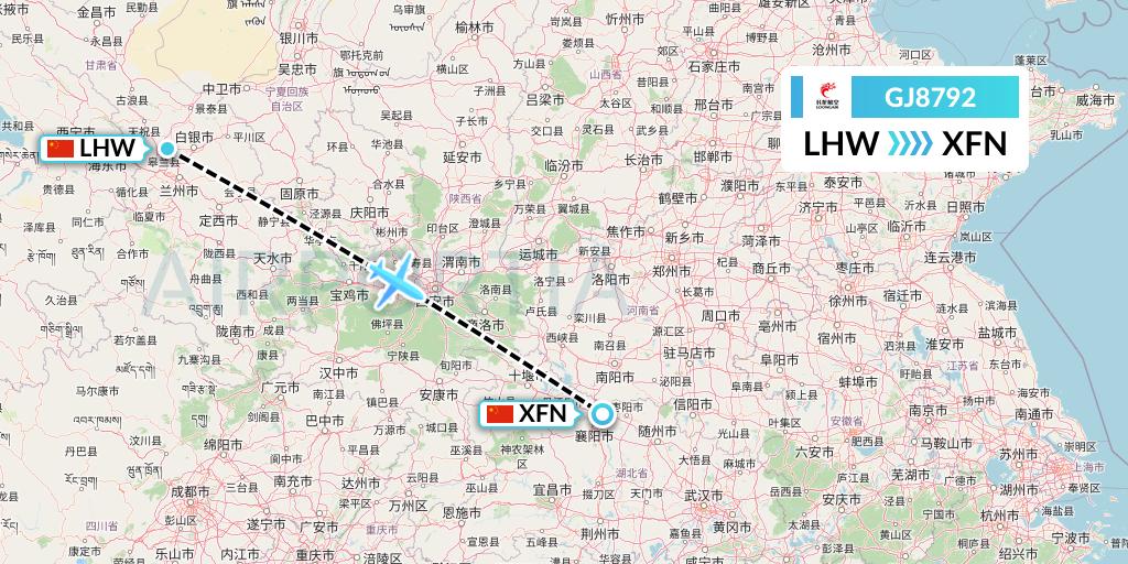 GJ8792 Loong Airlines Flight Map: Lanzhou to Xiangyang