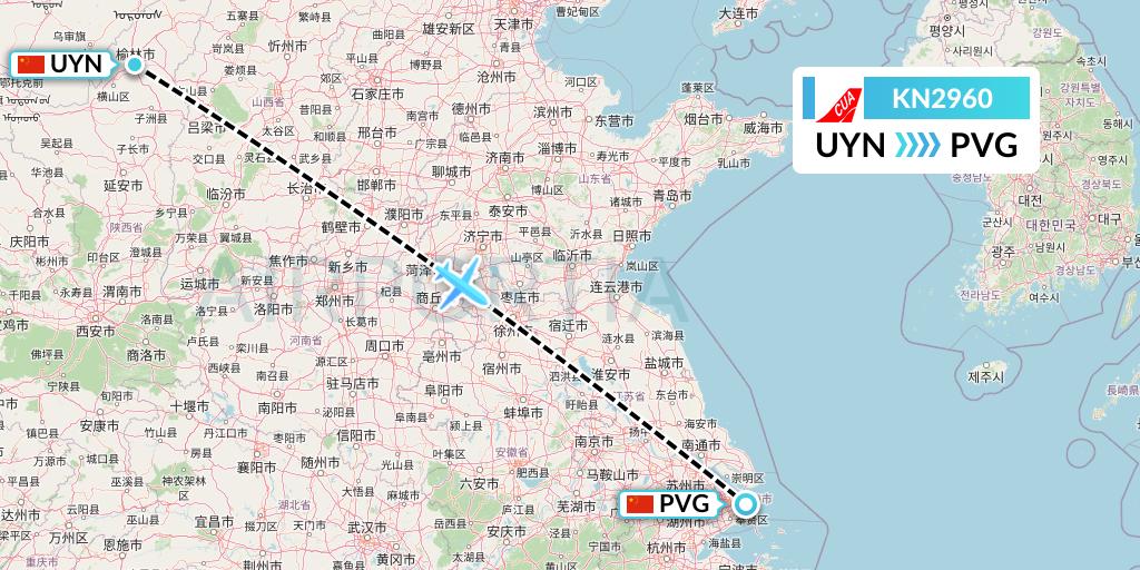KN2960 China United Airlines Flight Map: Yulin to Shanghai