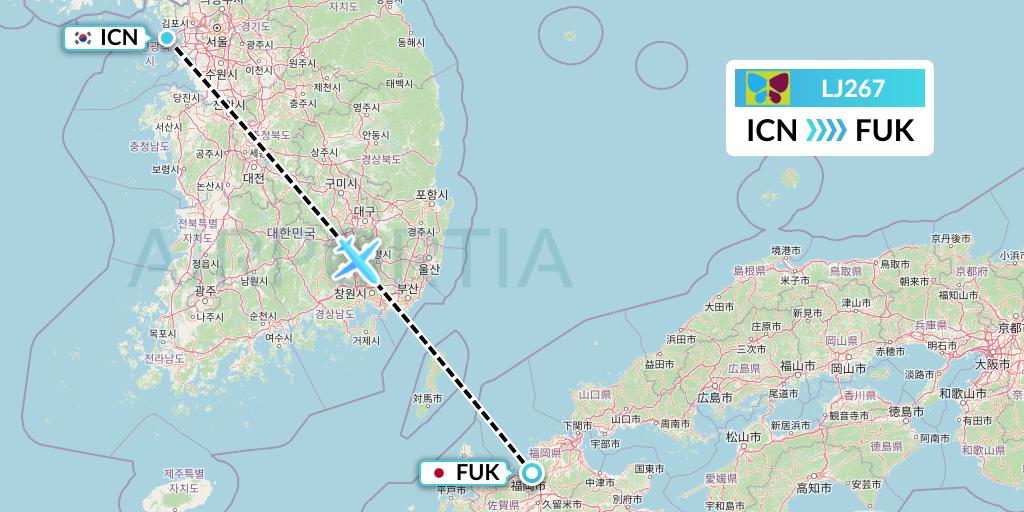 LJ267 Jin Air Flight Map: Seoul to Fukuoka