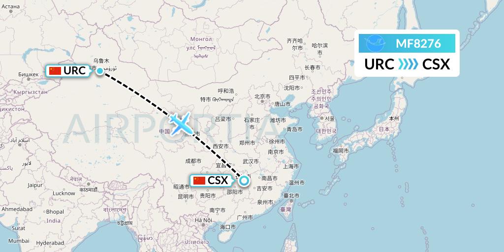 MF8276 Xiamen Airlines Flight Map: Urumqi to Changsha