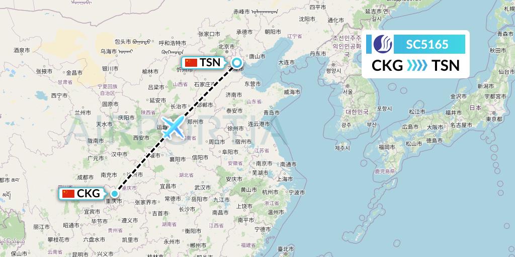 SC5165 Shandong Airlines Flight Map: Chongqing to Tianjin