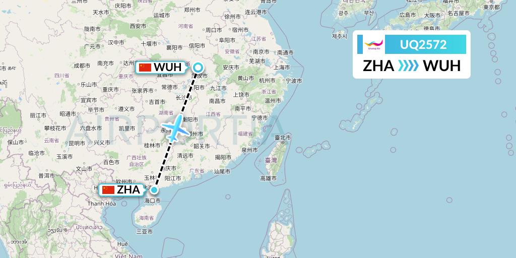 UQ2572 Urumqi Airlines Flight Map: Zhanjiang to Wuhan