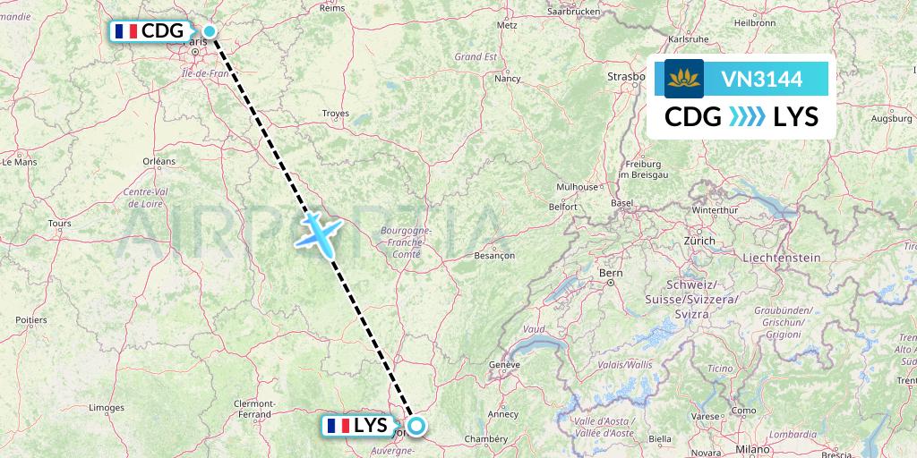 VN3144 Vietnam Airlines Flight Map: Paris to Lyon