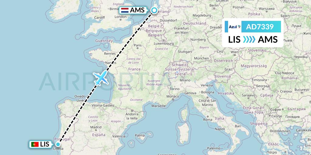 AD7339 Azul Brazilian Airlines Flight Map: Lisbon to Amsterdam
