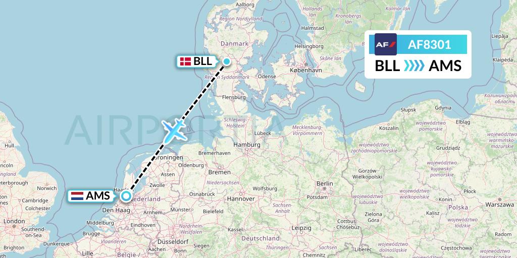 AF8301 Air France Flight Map: Billund to Amsterdam