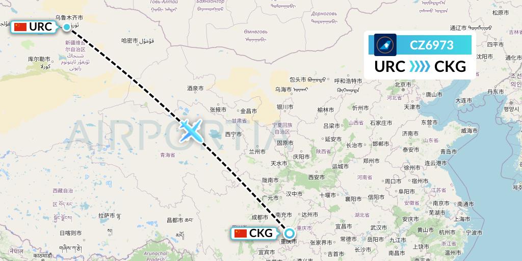 CZ6973 China Southern Airlines Flight Map: Urumqi to Chongqing