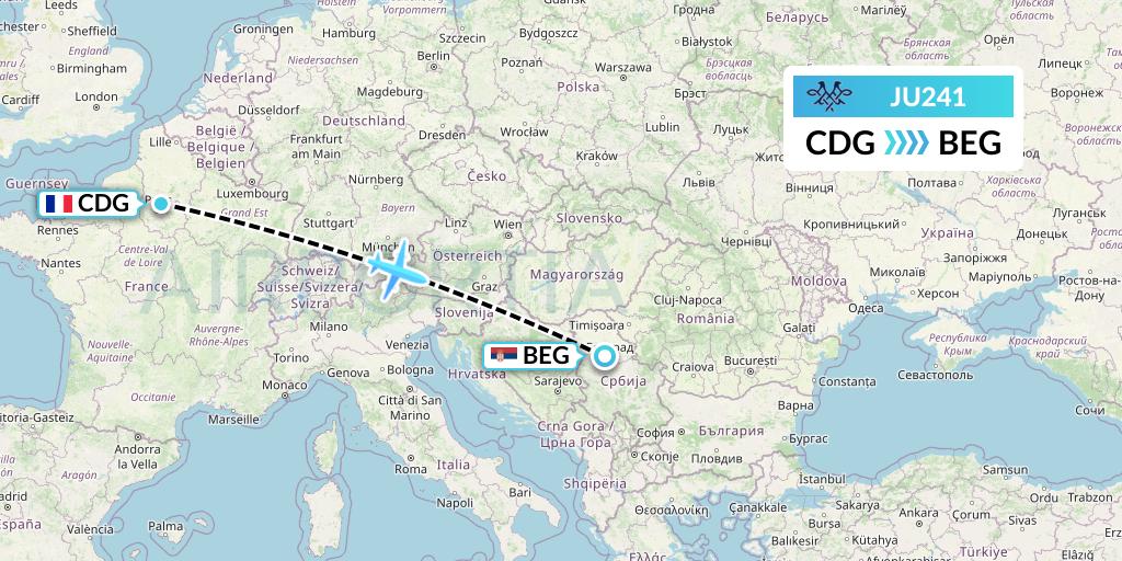 JU241 AirSERBIA Flight Map: Paris to Belgrade