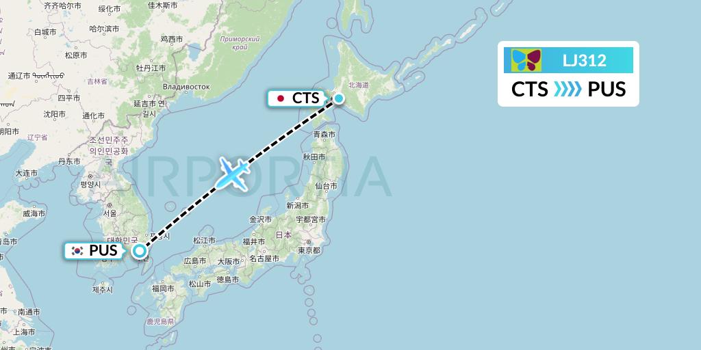 LJ312 Jin Air Flight Map: Sapporo to Busan