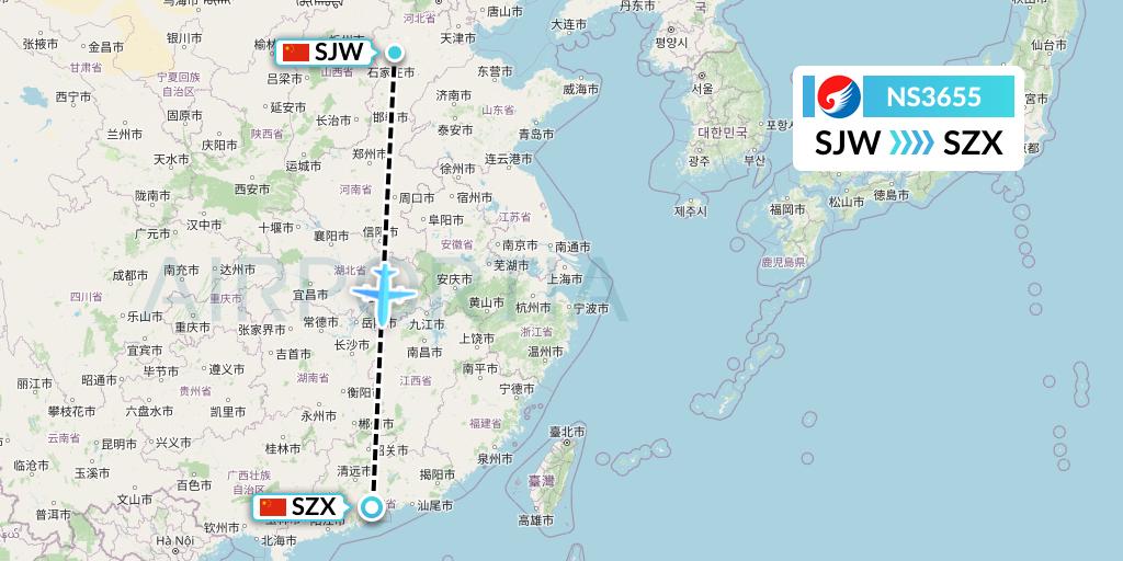 NS3655 Hebei Airlines Flight Map: Shijiazhuang to Shenzhen