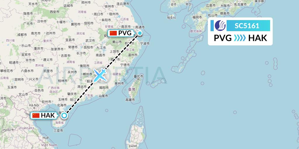 SC5161 Shandong Airlines Flight Map: Shanghai to Haikou