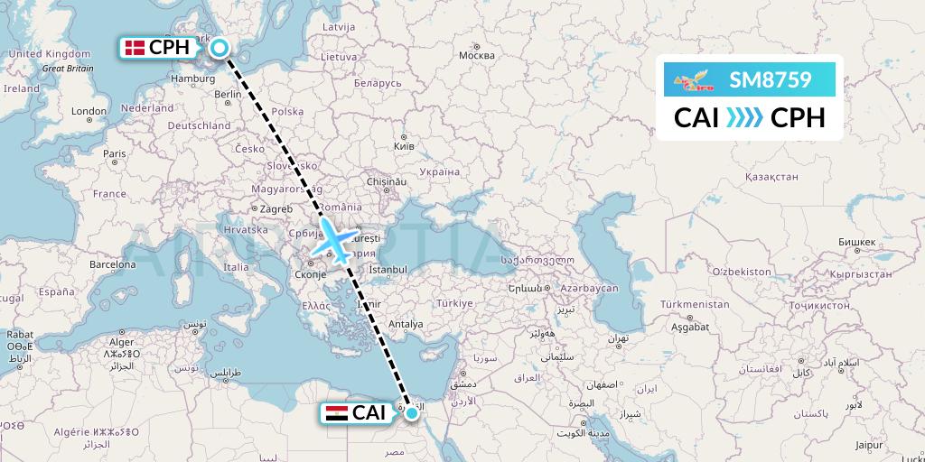 SM8759 Air Cairo Flight Map: Cairo to Copenhagen