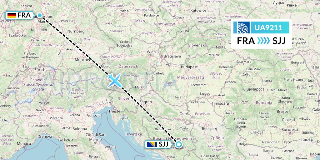 UA9211 United Airlines Flight Map: Frankfurt to Sarajevo