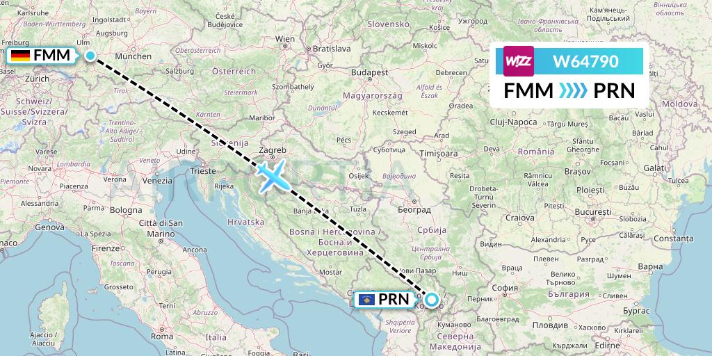 W64790 Wizz Air Flight Map: Memmingen to Pristina