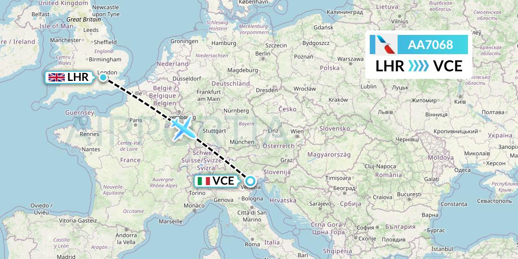AA7068 American Airlines Flight Map: London to Venice