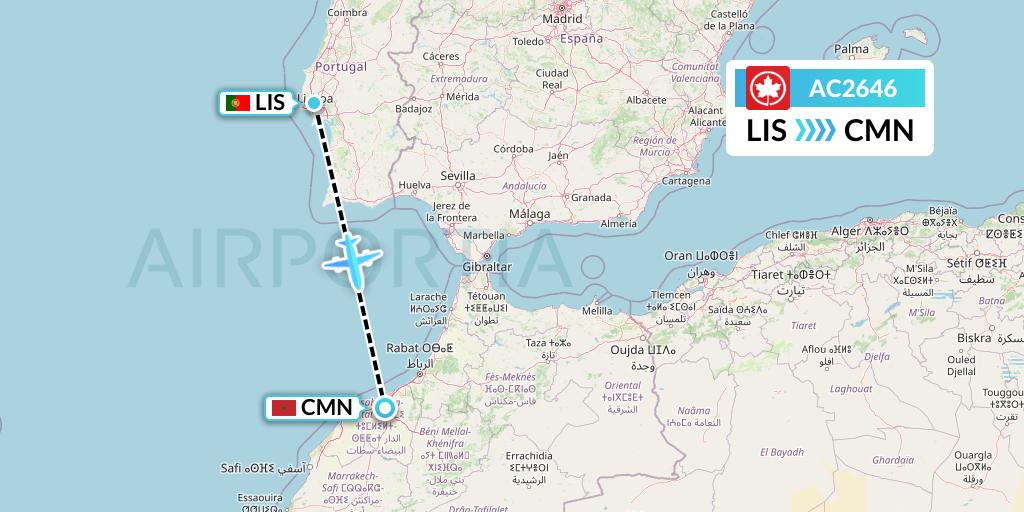 AC2646 Air Canada Flight Map: Lisbon to Casablanca