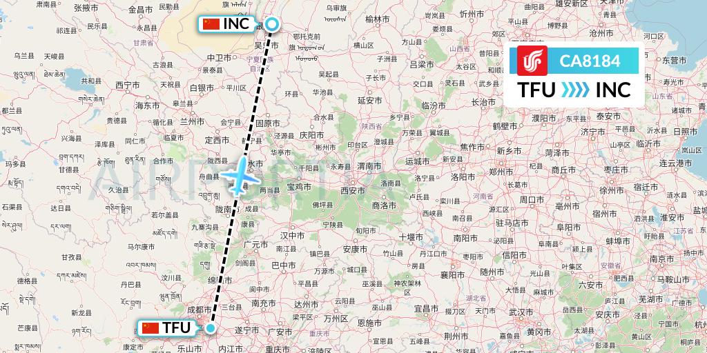 CA8184 Air China Flight Map: Chengdu to Yinchuan