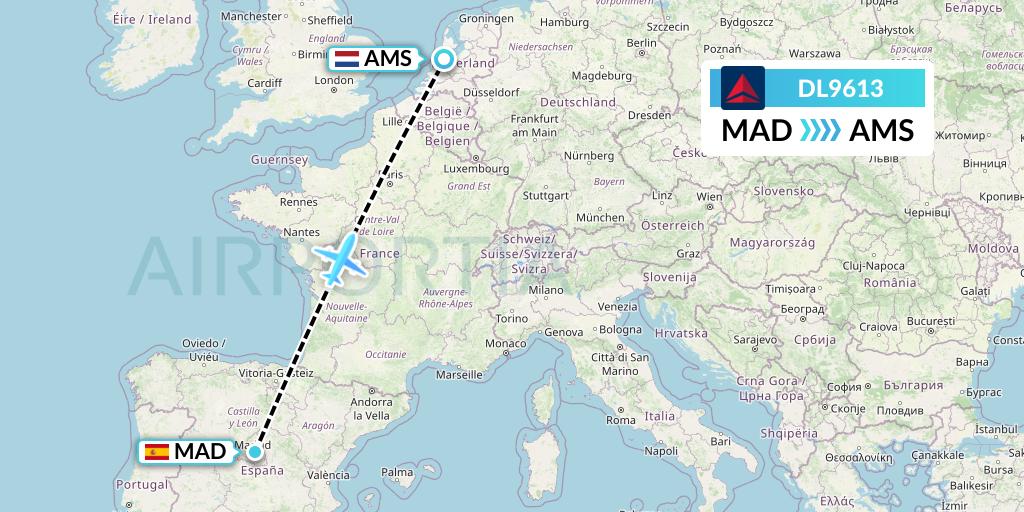 DL9613 Delta Air Lines Flight Map: Madrid to Amsterdam