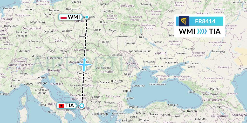 FR8414 Ryanair Flight Map: Warsaw to Tirana