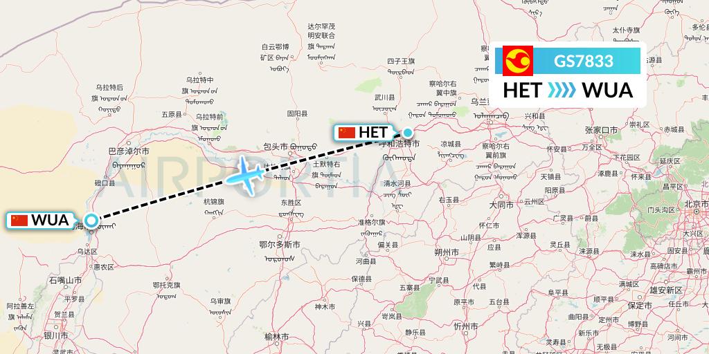GS7833 Tianjin Airlines Flight Map: Hohhot to Wuhai