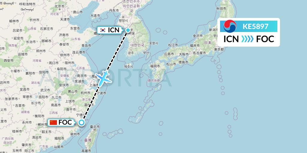KE5897 Korean Air Flight Map: Seoul to Fuzhou